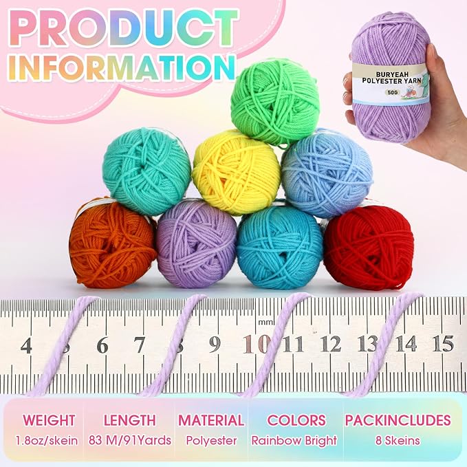 Buryeah Rainbow Series 8 Packs Crochet Yarn Knitting Bundle Beginner Acrylic Thread Fluffy Hand Tube Polyester Yarn Needles Bulky Kit Variety Pack 726 Yards for Weaving Crafts DIY Project Beginner