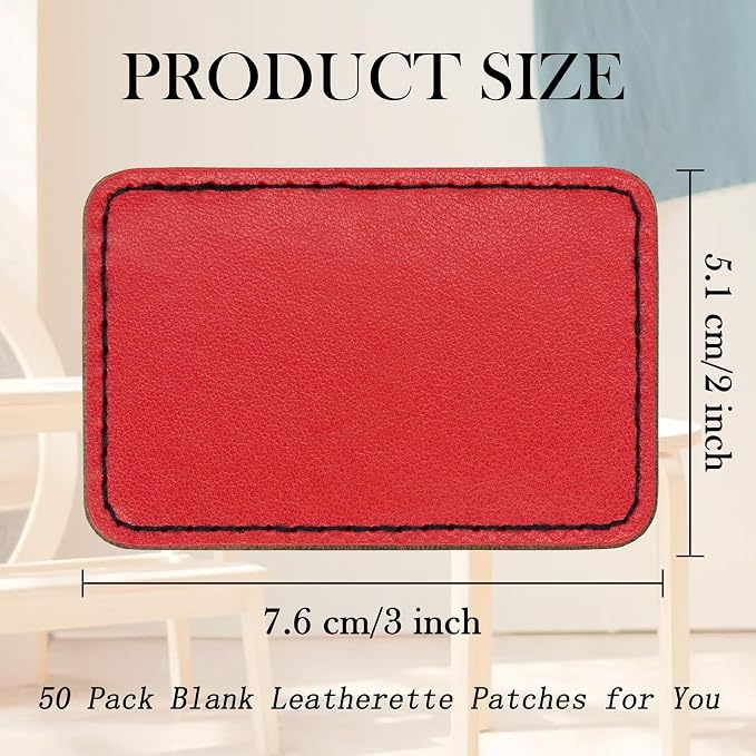50 Pack Blank Leatherette Hat Patch with Adhesive, Rectangle Laserable Leatherette Patch, Faux Leather Patches for Hats Custom Fabric Repair Sew Laser Supplies (Red)