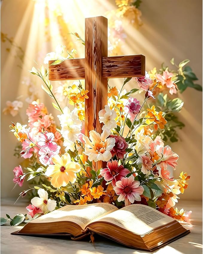 Gemozaic Cross Paint by Numbers Kit for Adults, Floral Book, 16 x 20 Inch | Religious Paint by Number, DIY Acrylic Painting by Number, Inspirational Gift for Christians, Home Church Wall Décor,Unframed