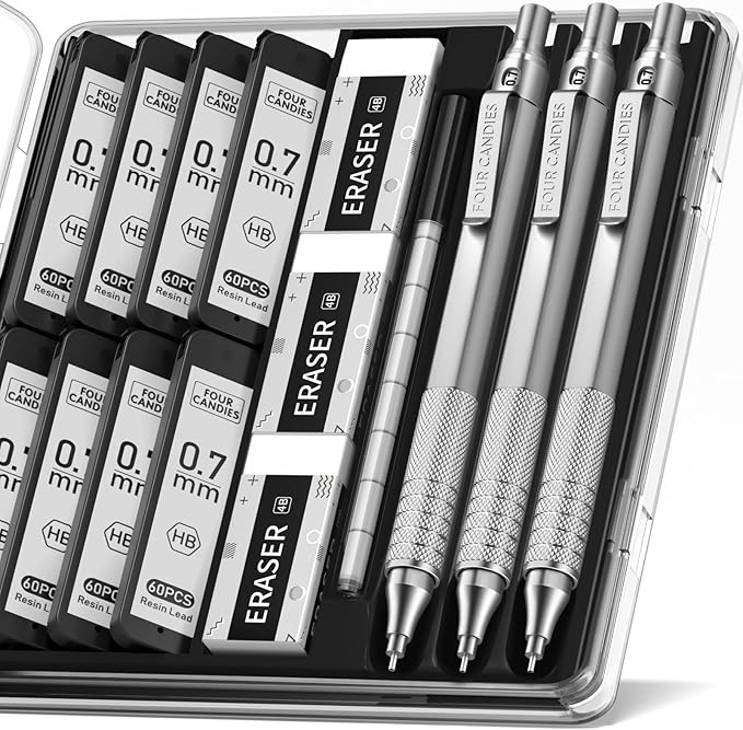Four Candies Metal Mechanical Pencil Set with Case, 0.7mm, 3-Pack, Silver