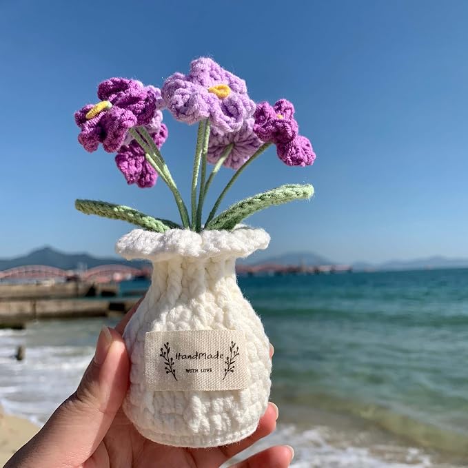 Forget-Me-Not Crochet Flower Potted Plant – Handmade Desk Decor, 7 Bloom Crochet Flowers in Gentle Purple Shades