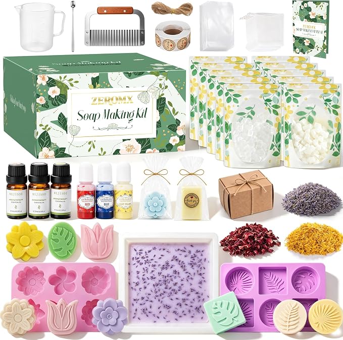 Soap Making Kit for Adults & Beginners Complete Soap Making Supplies | 3.3lb Glycerin Soap Base, 3 Dyes & Essential Oils, 3 Silicone Molds, Soap Cutter & Gift Packaging, Handmade Soap Crafts Kits