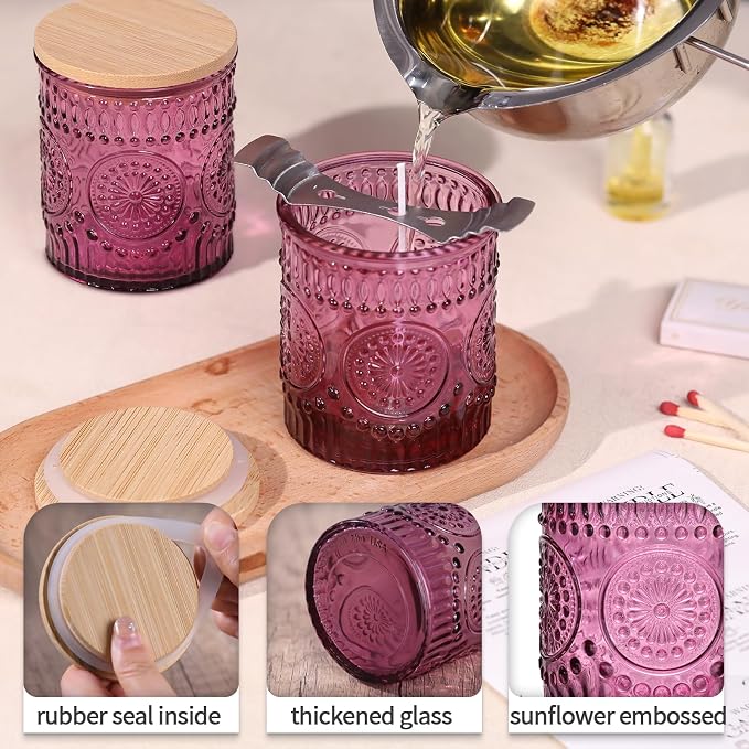 DARJEN 10 Pcs 8oz Glass Candle Jars with Lids, Candle Tins-Purple | Premium Thick Glass, Secure Wooden Lids- Candle Jars for DIY Candle Making, Stunning Sunflower Design