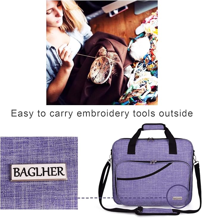 BAGLHER Cross Stitch & Embroidery Organizer Bag - Large Portable Project Storage with 3 Compartments, Travel Friendly Carrying Case for 11.2" Hoops, Threads, Supplies (Purple)