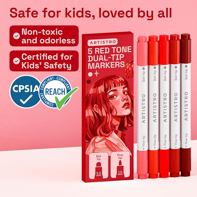 ARTISTRO Red Tones Dual-Tip Acrylic Paint Marker Pens - Set of 5 | For Fabric, Rock, Glass, Wood, & Coloring Books, Arts & Crafts Gift, Classroom Must Haves & School Supplies (Dot & Fine Tips)