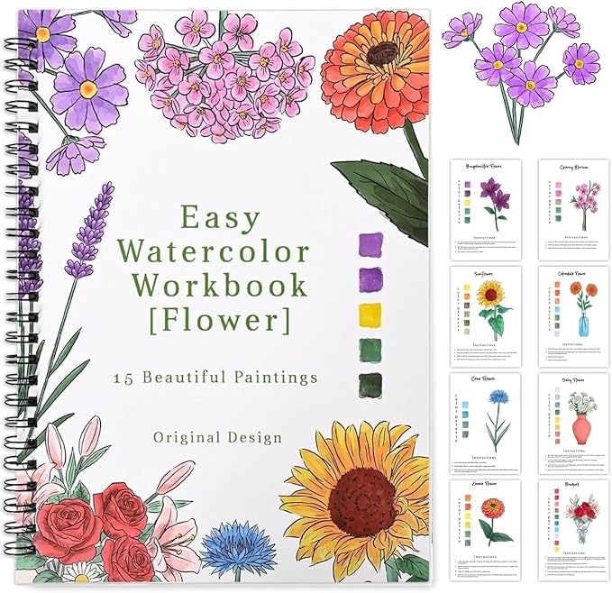 Watercolor Workbook for Beginner,15 Flower Patterns of Original DIY Designs,Beginner-Friendly Water Color Workbooks,Water Coloring Book for Adults