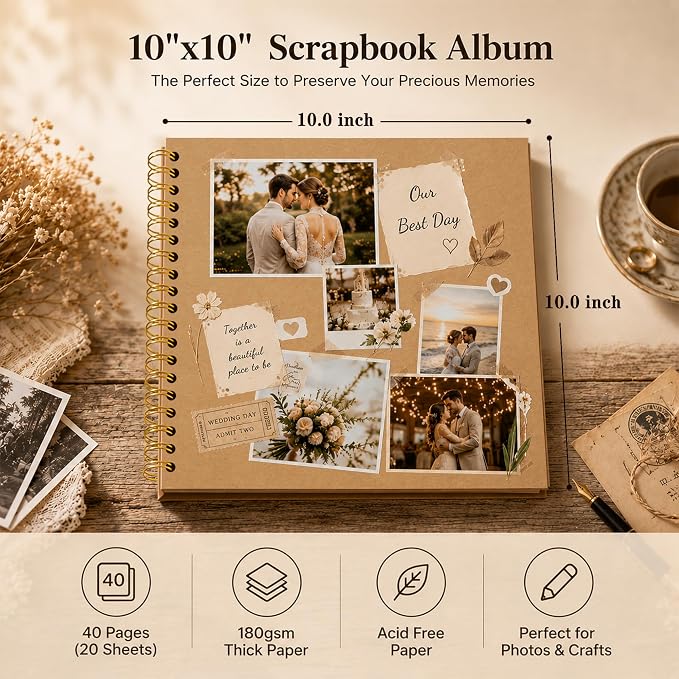 10x10 Inch DIY Scrapbook Album 40 Pages (20 Sheets), Hardcover Kraft Paper