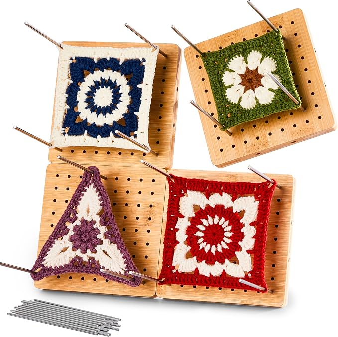 4-Pack 4.7" Assembled Crochet Blocking Boards for Granny Square with Pins | With 25 Steel Pins Pegs, Assembles into 9.4" Standable Blocking Board for Crocheting and Knitting,Gifts for Crocheter