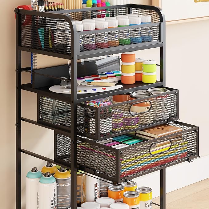 Homsorout Art cart, 5 Tier Rolling Cart - Utility Cart with Storage Drawer and Wheels, Versatile Art & Craft Organizer for Home, Office, or Studio Ideal for Storing Brushes, Paints （Black）