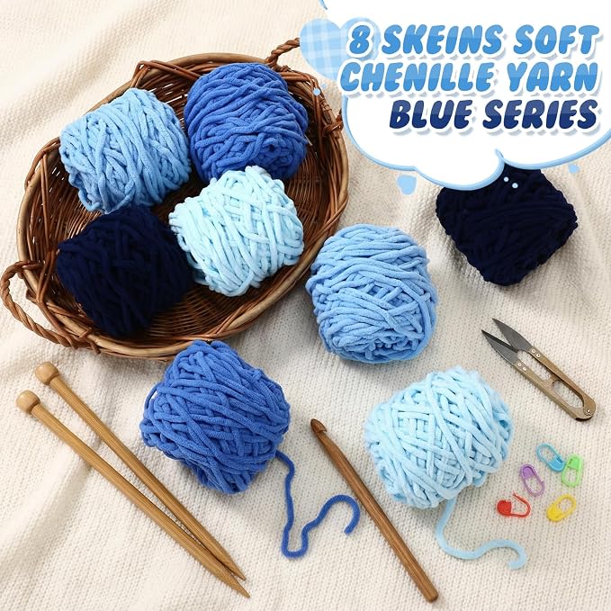 Buryeah 8 Pack Chunky Chenille Yarn for Crocheting (Blue Series)