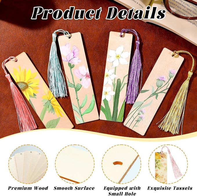 50 Pcs Wooden Bookmarks, Unfinished Wooden Bookmarks with 50 Pcs Tassels, DIY Blank Wood Bookmark for DIY Art Crafts, Birthday Gifts, Christmas Party Decoration (Rectangular Shape)