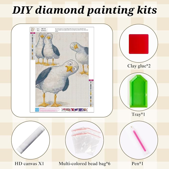 Animal Diamond Painting Kits for Adults,Cartoon Seagull Diamond Art Kits | DIY Full Round Drill Gem Painting Cute Funny Bird Paint by Diamonds Relaxing Craft for Cartoon Home Wall Decor 12x16In