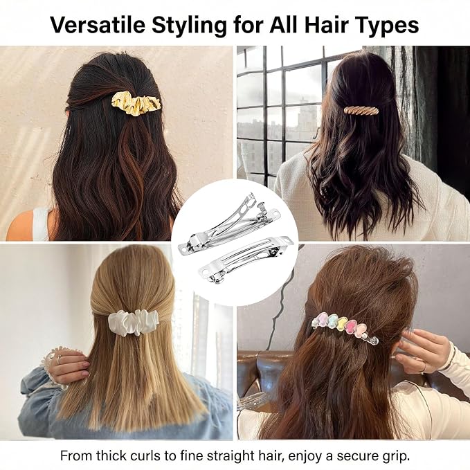 20 Piece Blank French Barrette Hair Clips 2.4'' and 3'' Silver Metal French Hair Barrettes DIY Craft Automatic Spring Snap Hairclips Clasps for DIY Hairs Accessories