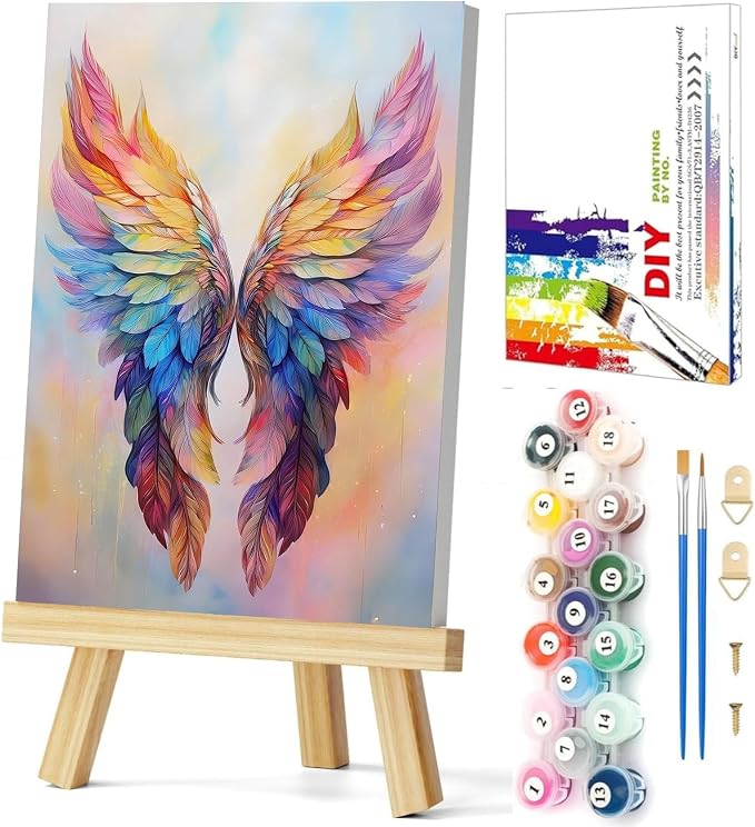 Gemozaic Framed Paint by Numbers Kit for Adults with Easel - Angel Wing | Small Paint by Number for Adults on Canvas, DIY Acrylic Numbers Painting for Gift, Home, Office, Wall Decor, 8 x 12 Inch
