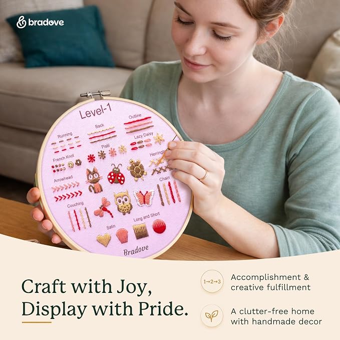 Bradove Beginner Embroidery Kit for Adults and Kids | Hand Embroidery Kit for Beginners with Patterns, Learn to Embroider Kit Adult Beginner, Stitches Practice, Learn to Sew
