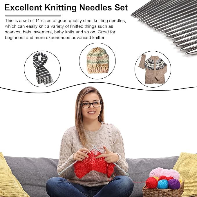 Aeelike 11 Pairs Metal Knitting Needle Set, 2mm-8mm Knitting Needle, Type B