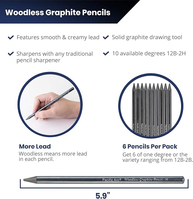 Pacific Arc Woodless Graphite Pencil 6 Pack Set, 12B, 10b, 8B, 6B, 4B, & 2B, for Sketching, Drawing, Coloring and Art