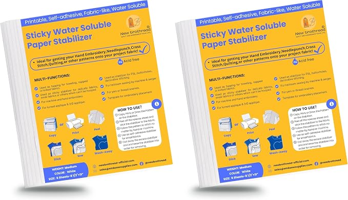 New brothread 6PCS 8.5"x11" Sticky Water Soluble Embroidery Stabilizer Printable Paper Stabilizer - Medium Weight - Allowed for Print or Draw Patterns Best for Hand & Machine Embroidery (Pack of 2)