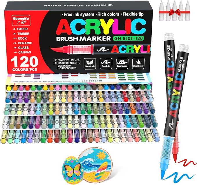 Guangna Acrylic Paint Markers Brush Tip, 120 Vivid Colors with Direct-Liquid Ink Control System, Professional-Grade Paint Pen for Rock Painting, Canvas, Glass, Plastic, Fabric & Creative Crafts