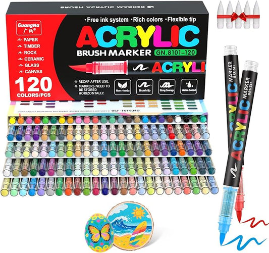 Guangna Acrylic Paint Markers Brush Tip, 120 Vivid Colors with Direct-Liquid Ink Control System, Professional-Grade Paint Pen for Rock Painting, Canvas, Glass, Plastic, Fabric & Creative Crafts
