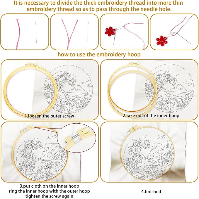 BEUNITONE 4 Pcs Embroidery Kit for Beginner, Ukiyo-e Style Landscape Wave Pattern Embroidery Materials, Cross Stitch Set with Cloth, Thread, Needle and Hoop Tools for Friendship Gift and Home Decor