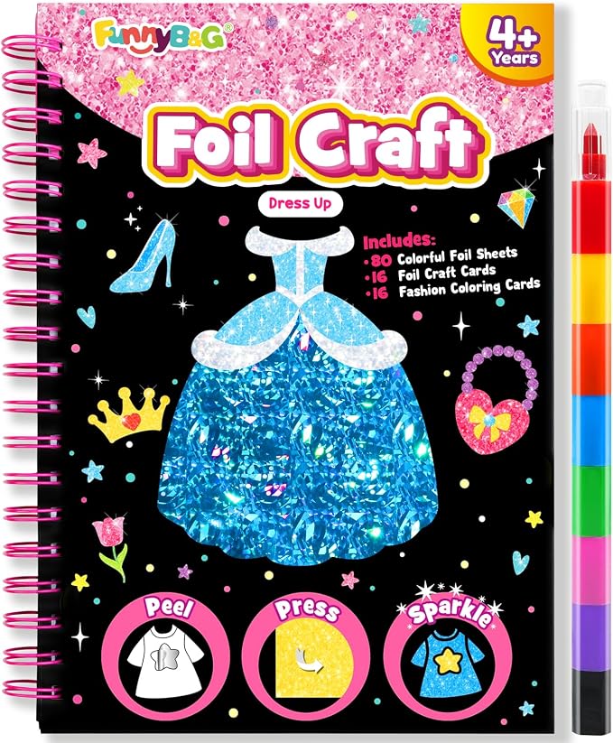 FUNNYB&G Foil Art Craft Kit for Kids, Sparkly Birthday Gift Toy for Girls | No Mess, Kids Ages 4-10 Create Sparkling Artwork, A Creative Gift for Birthdays, Holidays, Travel Activities,Screen-Free Fun