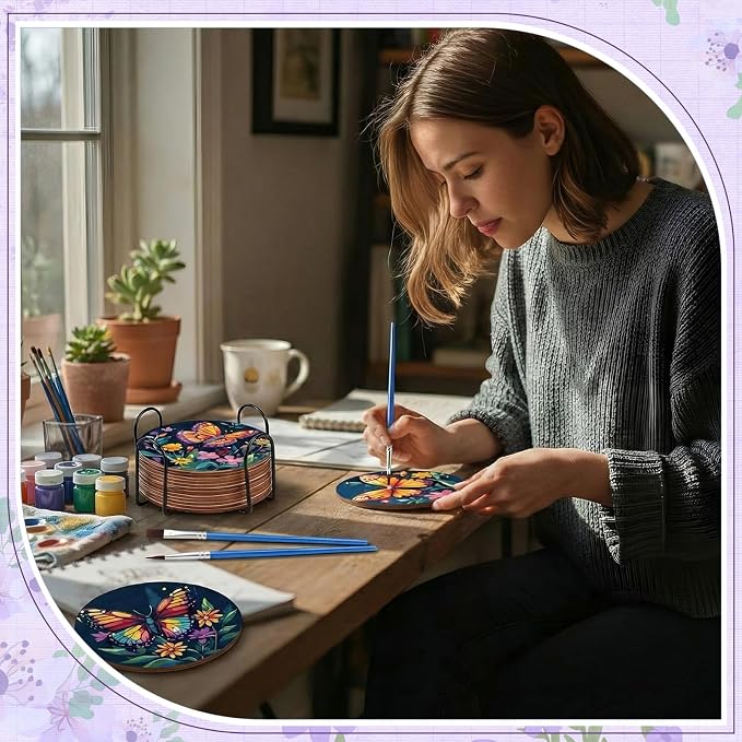 Reallnaive 8 Pcs Butterfly Flower Paint by Numbers Kit Coaster for Adults | Mini Paint by Numbers, Tiny Floral Round Oil Painting Drink Coaster with Holder, for Small DIY Craft Birthday Gift
