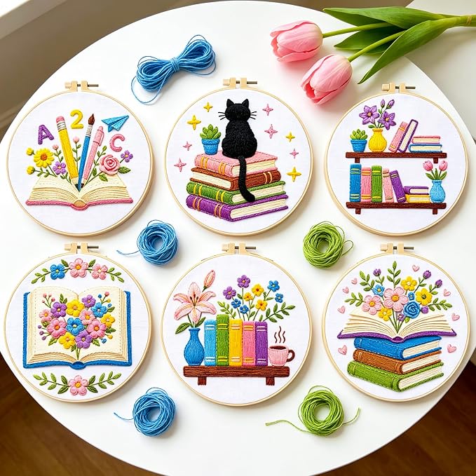 BEUNITONE 6 Set Embroidery Kit for Beginner Adults, Books & Flowers Cross Stitch Set with Stamped Pattern Hoops Threads Cloth Needles, Embroidery Starter Kit for Gifting and Home Decoration