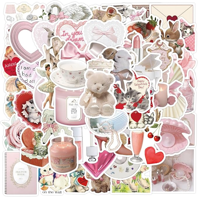 60pcs Coquette Stickers Cute Vinyl Laptop Stickers, Waterproof Aesthetic Stickers, Pink Sticker Pack for Girls Water Bottles Laptop Computer Phone Guitar (60 Coquette Stickers)