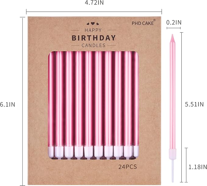 PHD CAKE Pink Long Thin Metallic Birthday Candles, Cake Candles, Birthday Parties, Wedding Decorations, Party Candles