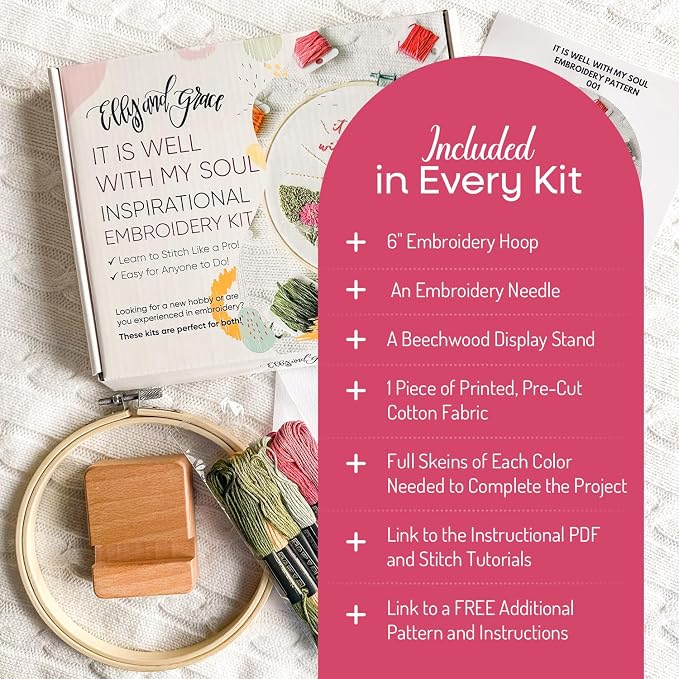 Elly & Grace Christian Embroidery Kit with Embroidery Hoop, Easy Embroidery Kit for Beginners and Adults, Full Embroidery Hoop Kit with Needles and Thread Included (It is Well)