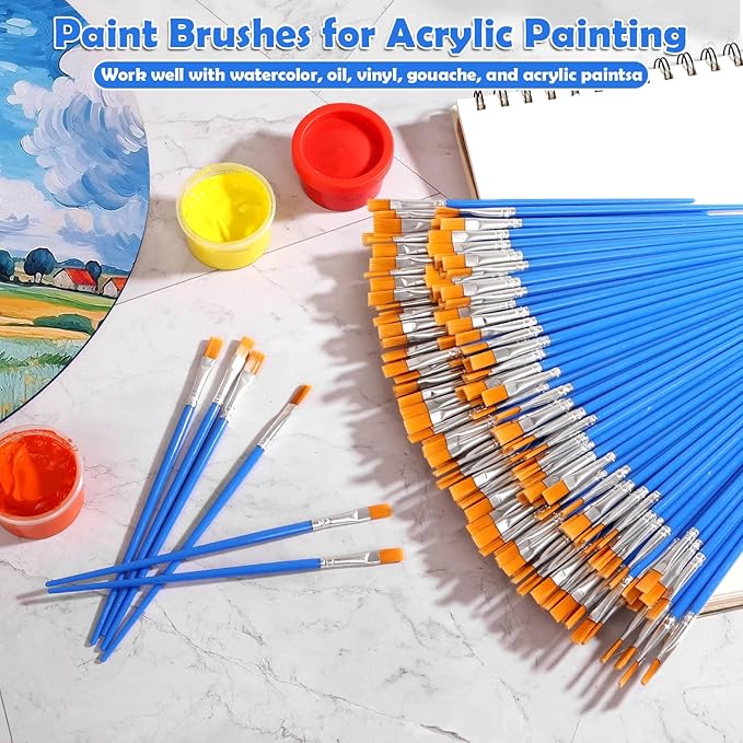 Evatage 126 Pcs Mini Paint Brushes Bulk, Small Flat Tip Paint Brushes | Tiny Disposable Paint Brushes Set for Acrylic, Watercolor, Oil, Crafts, Art Classroom, Canvas, Touch Up, Model, Face Painting