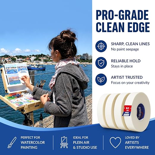 4 Packs Artist Tape for Watercolor Paper - 0.7IN Wide 592FT Long | White Masking Artists Tape for Drafting, Art Painting and All Paper Media - Acid Free