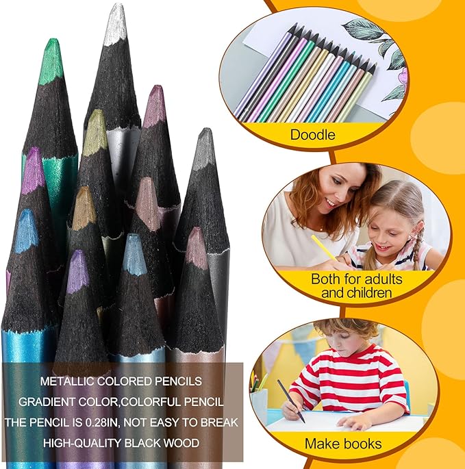 Zhehao 24 Pcs Metallic Colored Pencils, Glitter Colored, 12 Colors
