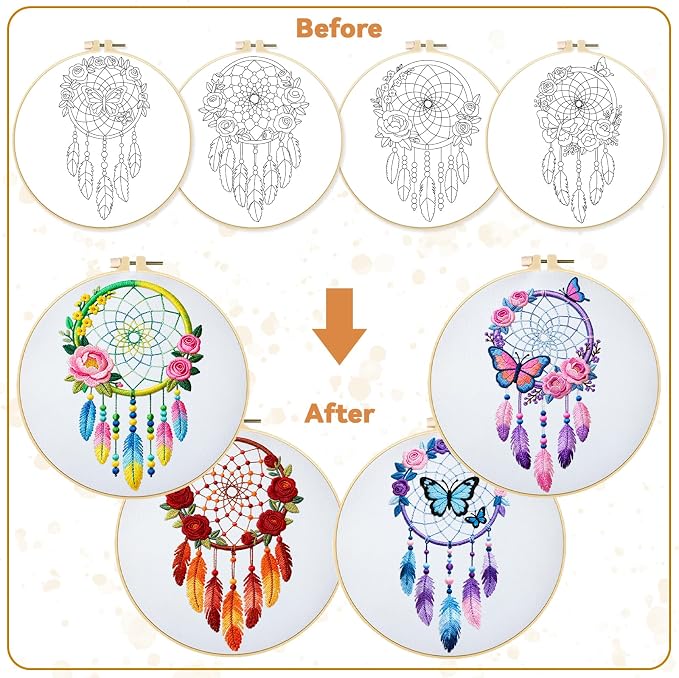 BEUNITONE 4 Set Dream Catcher Embroidery Kit for Beginners 7.9"x7.9" | DIY Craft Kits for Adults Women with Embroidery Hoops, Instructions, Handmade Needlepoint Kits for Craft Lover and Home Decor