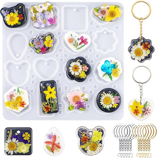 LET'S RESIN Keychain Resin Molds Silicone, 16 Cavity Pendant Casting Mold | Silicone Molds with Hanging Holes, UV & Epoxy Resin Jewelry Mold for DIY Keychains, Charms, Pendants, Beginner Friendly