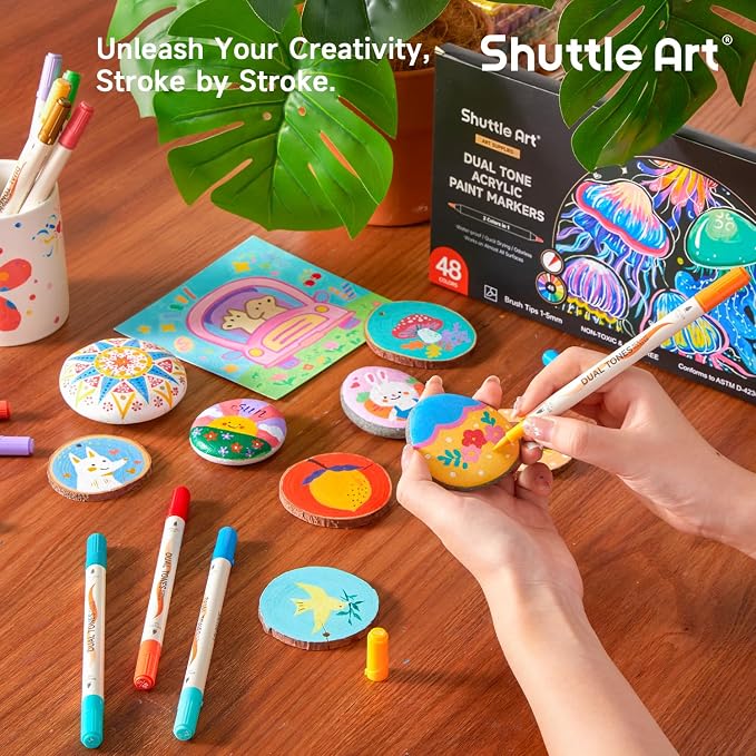 Shuttle Art 48 Colors Dual Tone Acrylic Paint Markers, 24 Pack Acrylic Paint Pens Set for Rock Painting, Ceramic, Wood, Canvas, Glass, Stone, Fabric, Card Making, DIY Football Crafts