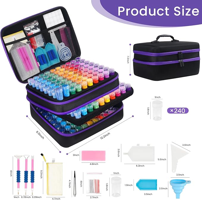 Douorgan Diamond Painting Storage Containers 240 Slots Diamond Painting Accessories and Tools Portable Diamond Painting Organizer Shockproof Diamond Art Storage Case Beads Storage Box(240 Jars)