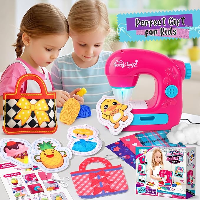 TUZT Mini Sewing Machine Toy Kit for Kids Beginners, 22pcs Portable Electric Sewing Machine with Sewing Kit, Light and Finger Guard, Birthday Christmas Gift for Kids Girls 4-12