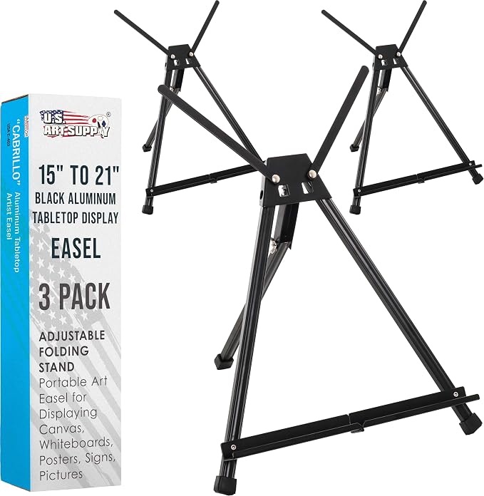 U.S. Art Supply Tabletop Easel for Painting - 15" to 21", Black, Pack of 3 | Adjustable Metal Painting Easel - Portable Art Easels for Display Table Stand - Canvas, Whiteboards, Posters, Signs, Drawings