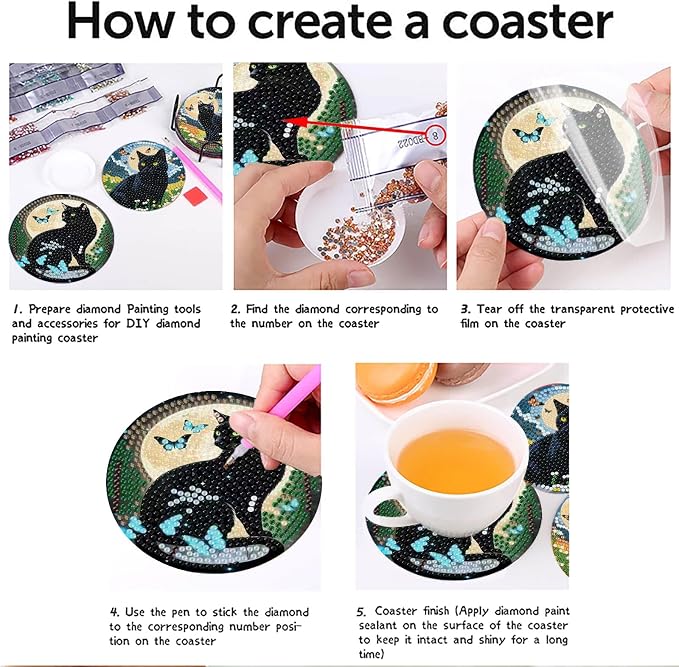 askkqtx 8 Pcs Black Cat Diamond Art Coasters Kits with Holder 4X4 Inch