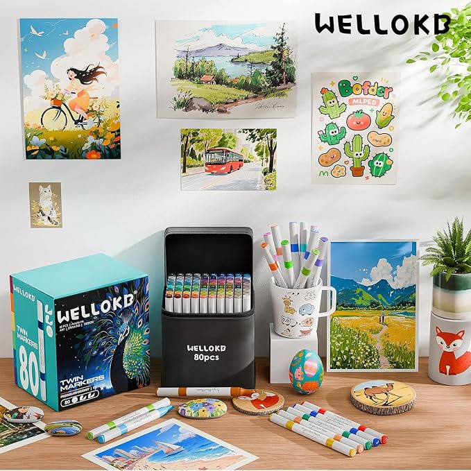 WELLOKB 24 Colors Dual Tip Brush & Fine Acrylic Paint Markers, Fabric Markers, Permanent Acrylic Paint Pens for Wood, Glass, Rocks, Paper, Coloring book, Ceramic, DIY Crafts for Adults