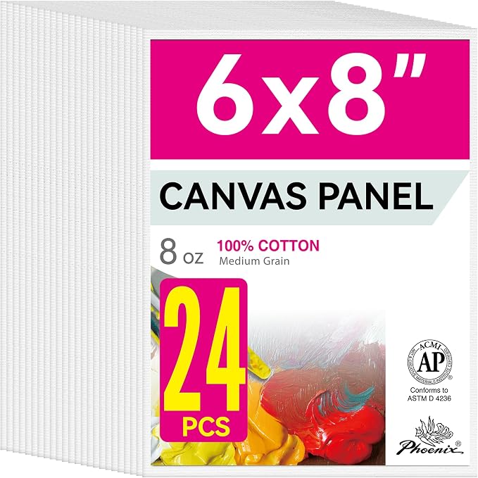 PHOENIX Small Painting Canvas Panels - 6x8 Inch, 24 Bulk Pack, 8 Oz Triple Primed 100% Cotton Acid Free Canvas Boards for Painting, White Blank Flat Canvas Boards for Acrylic, Oil Paints