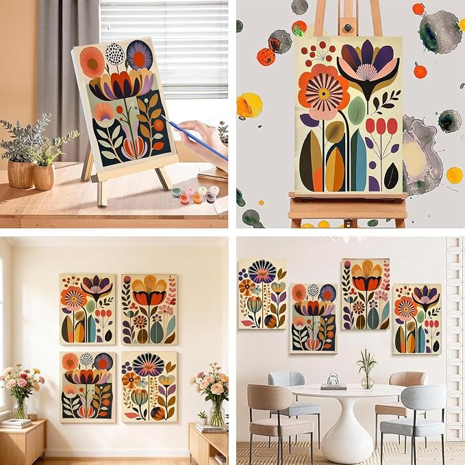 LWZAYS 4 Pack Floral Paint by Numbers Kit for Adults with Frame, Easy Flowers Paint by Number for Adults Beginner with Wooden Easel, DIY Painting by Numbers Canvas Framed for Home Decor 8 x 12 Inch