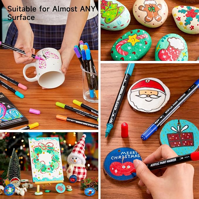 Shuttle Art 25 Colors Dual Tip Acrylic Paint Markers, Brush Tip and Fine Tip Acrylic Paint Pens for Rock, Ceramic, Wood, Canvas, Plastic, Glass, Stone, Calligraphy, Card Making, DIY Football Crafts