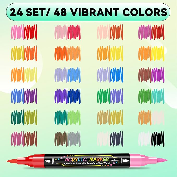 WINSONS 48 Colors Dual Tip Acrylic Paint Pens Markers, 24 Set Permanent Acrylic Paint Pens, Waterproof, Quick-Dry, Ideal for Rock Painting, Canvas, Glass, Wood, Ceramic, DIY Crafts & Art Supplies