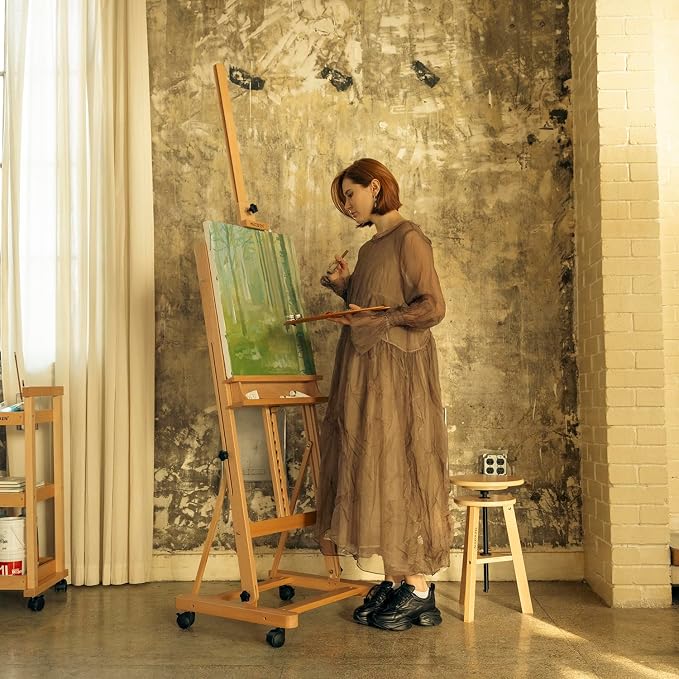 MEEDEN Studio Wood H-Frame Easel: Art Easel with Storage for Artist | Wooden Artist Painting Easel on Wheel - Floor Easel with Movable Tilting for Adults Artist Art Students Beginners Natural