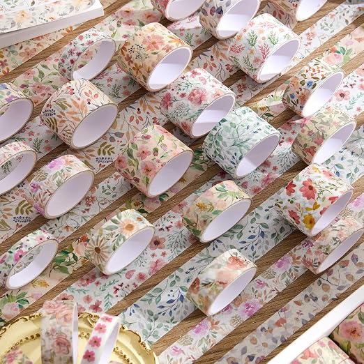 PAGEMORE 32 Rolls Washi Tape Set, Colored Floral Decorative Masking Tape, Artists Tapes for Journaling, Junk Journal, DIY Craft Projects, Scrapbooking Supplies Decor