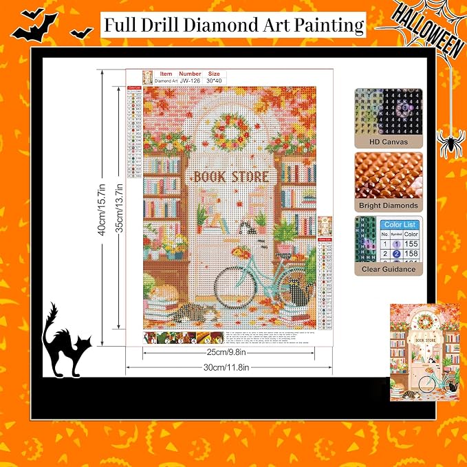 GEWOUVIN Book Store Diamond Art Kits for Adults, Autumn Diamond Painting Kit for Beginners, Round 5D DIY Dimond Art,Full Drill Painting Kit Art and Crafts for Adults Home Wall Decor【11.8x15.7inch】