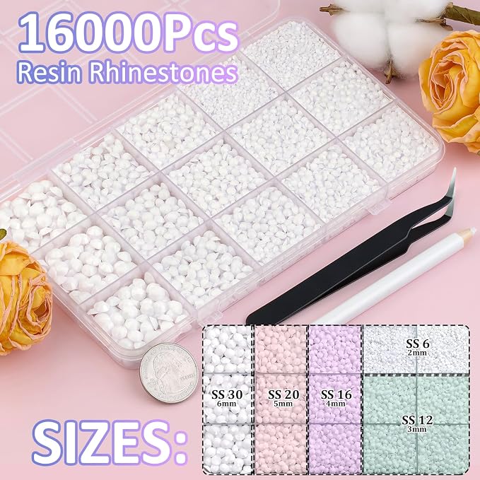 16000Pcs Resin Rhinestones with Tweezers for Crafting, White 2-6mm Mixed Sizes Non Hotfix Flatback Gems, Bedazzling Crystal for DIY Crafts Clothing Tumblers Mugs Shoes Fabric Decor Nail Art